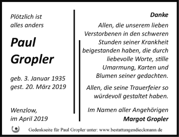 Traueranzeige von Paul Gropler von Märkische Oderzeitung