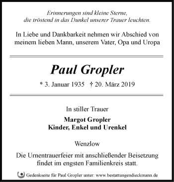 Traueranzeige von Paul Gropler von Märkische Oderzeitung