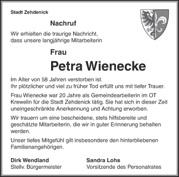 Traueranzeige von Petra Wienecke von Märkische Oderzeitung