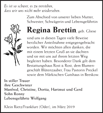 Traueranzeige von Regina Brettin von Märkische Oderzeitung