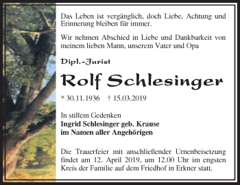 Traueranzeige von Rolf Schlesinger von Märkische Oderzeitung