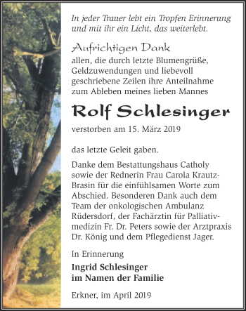 Traueranzeige von Rolf Schlesinger von Märkische Oderzeitung