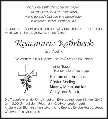 Traueranzeige von Rosemarie Rohrbeck von Märkische Oderzeitung