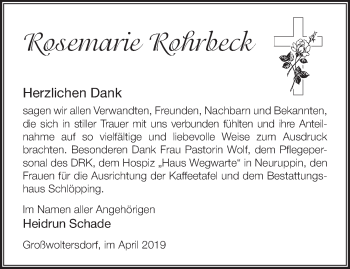 Traueranzeige von Rosemarie Rohrbeck von Märkische Oderzeitung