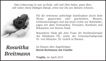 Traueranzeige von Roswitha Breitmann von Märkische Oderzeitung