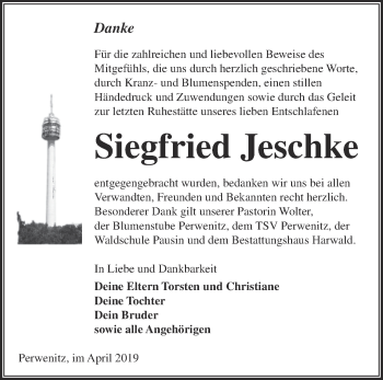 Traueranzeige von Siegfried Jeschke von Märkische Oderzeitung