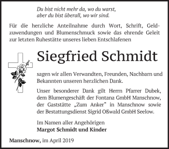 Traueranzeige von Siegfried Schmidt von Märkische Oderzeitung