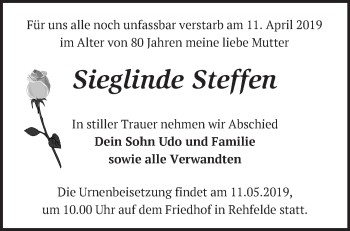 Traueranzeige von Sieglinde Steffen von Märkische Oderzeitung