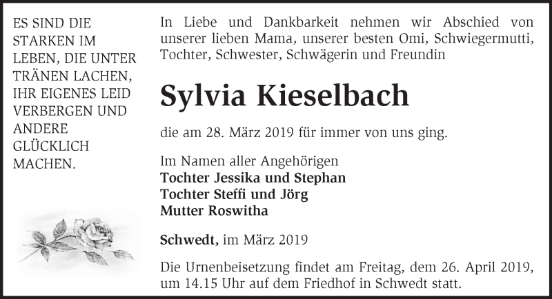  Traueranzeige für Sylvia Kieselbach vom 07.04.2019 aus Märkische Oderzeitung