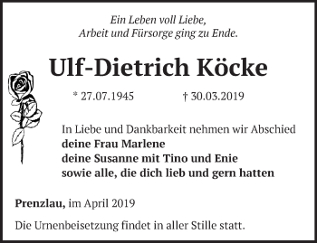 Traueranzeige von Ulf-Dietrich Köcke von Märkische Oderzeitung