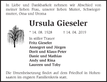 Traueranzeige von Ursula Gieseler von Märkische Oderzeitung