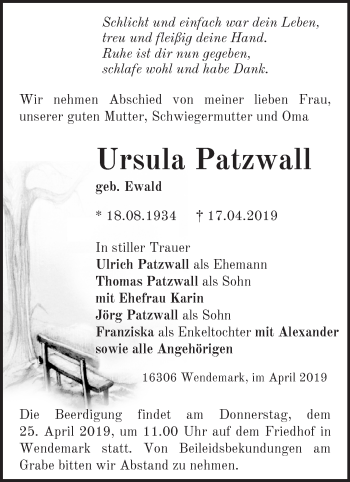 Traueranzeige von Ursula Patzwall von Märkische Oderzeitung