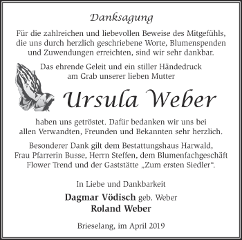 Traueranzeige von Ursula Weber von Märkische Oderzeitung