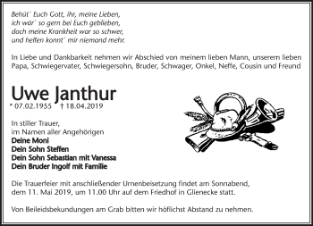 Traueranzeige von Uwe Janthur von Märkische Oderzeitung