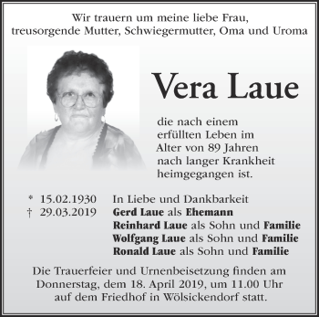 Traueranzeige von Vera Laue von Märkische Oderzeitung