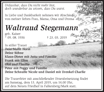 Traueranzeige von Waltraud Stegemann von Märkische Oderzeitung