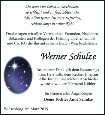 Traueranzeige von Werner Schulze von Märkische Oderzeitung