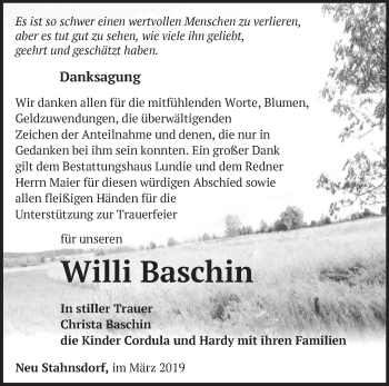 Traueranzeige von Willi Baschin von Märkische Oderzeitung