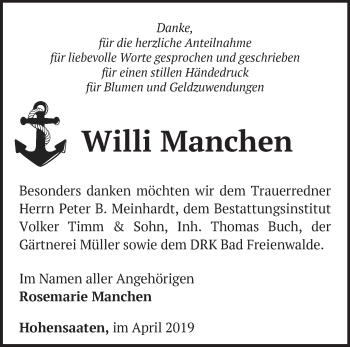 Traueranzeige von Willi Manchen von Märkische Oderzeitung