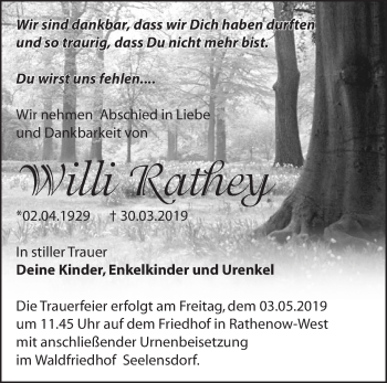 Traueranzeige von Willi Rathey von Märkische Oderzeitung