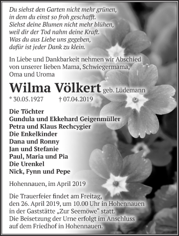 Traueranzeige von Wilma Völkert von Märkische Oderzeitung