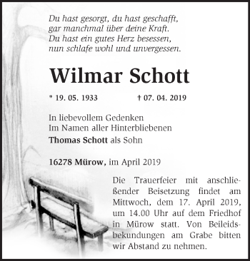 Traueranzeige von Wilmar Schott von Märkische Oderzeitung