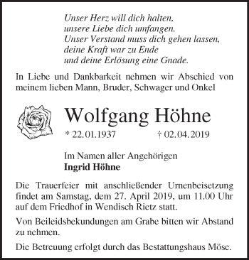 Traueranzeige von Wolfgang Höhne von Märkische Oderzeitung