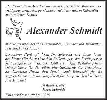 Traueranzeige von Alexander Schmidt von Märkische Oderzeitung