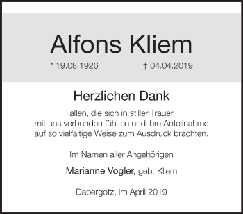 Traueranzeige von Alfons Kliem von Märkische Oderzeitung