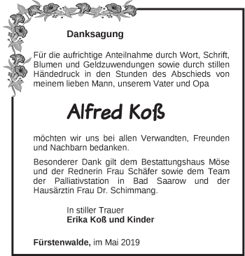 Traueranzeige von Alfred Koß von Märkische Oderzeitung