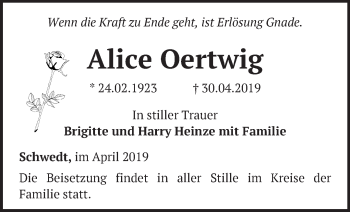 Traueranzeige von Alice Oertwig von Märkische Oderzeitung