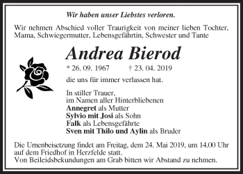 Traueranzeige von Andrea Bierod von Märkische Oderzeitung