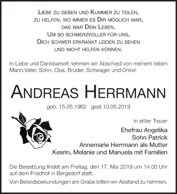 Traueranzeige von Andreas Herrmann von Märkische Oderzeitung