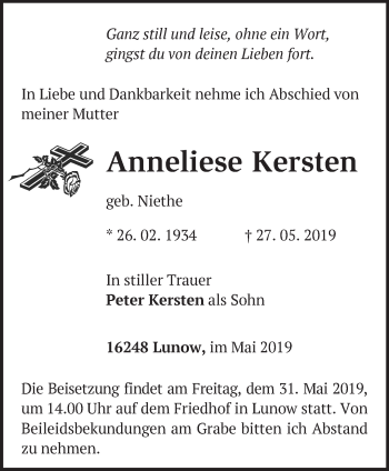 Traueranzeige von Anneliese Kersten von Märkische Oderzeitung