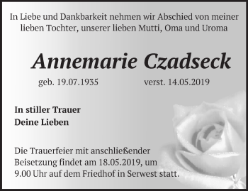 Traueranzeige von Annemarie Czadseck von Märkische Oderzeitung