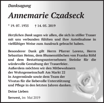 Traueranzeige von Annemarie Czadseck von Märkische Oderzeitung