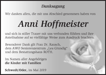 Traueranzeige von Anni Hoffmeister von Märkische Oderzeitung