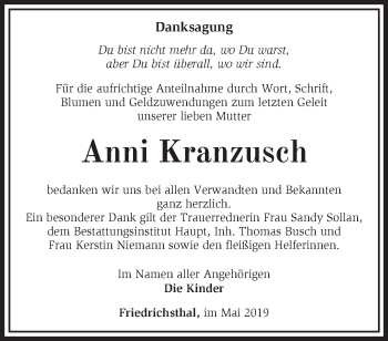 Traueranzeige von Anni Kranzusch von Märkische Oderzeitung