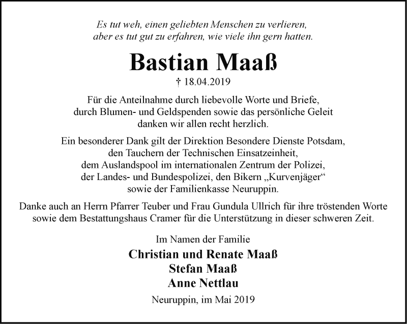  Traueranzeige für Bastian Maaß vom 18.05.2019 aus Märkische Oderzeitung