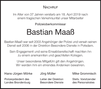 Traueranzeige von Bastian Maaß von Märkische Oderzeitung