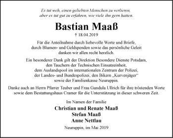 Traueranzeige von Bastian Maaß von Märkische Oderzeitung