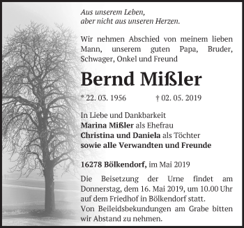 Traueranzeige von Bernd Mißler von Märkische Oderzeitung