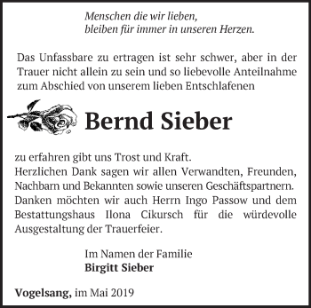 Traueranzeige von Bernd Sieber von Märkische Oderzeitung