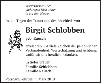 Traueranzeige von Birgit Schlobben von Märkische Oderzeitung