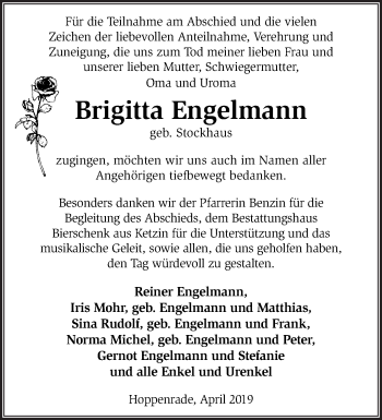 Traueranzeige von Brigitta Engelmann von Märkische Oderzeitung