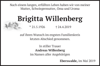Traueranzeige von Brigitta Willenberg von Märkische Oderzeitung