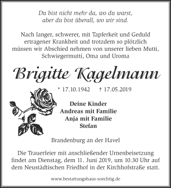 Traueranzeige von Brigitte Kagelmann von Märkische Oderzeitung