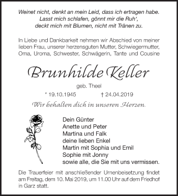 Traueranzeige von Brunhilde Keller von Märkische Oderzeitung