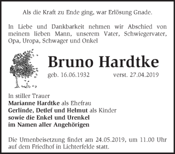 Traueranzeige von Bruno Hardtke von Märkische Oderzeitung