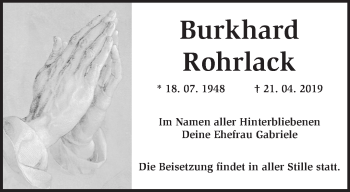 Traueranzeige von Burkhard Rohrlack von Märkische Oderzeitung